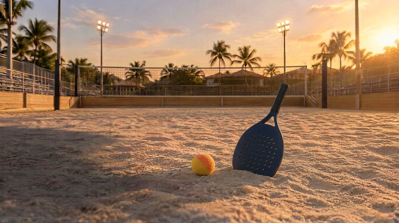 Quadra de areia em arena com rede e refletores, raquete de beach tennis e bola de beach tennis sobre a areia; imagem ilustrativa